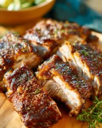 Deliciously grilled ribs with barbecue sauce on a platter.