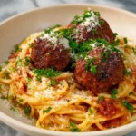 A plate of the best spaghetti and meatballs with marinara sauce and parmesan cheese
