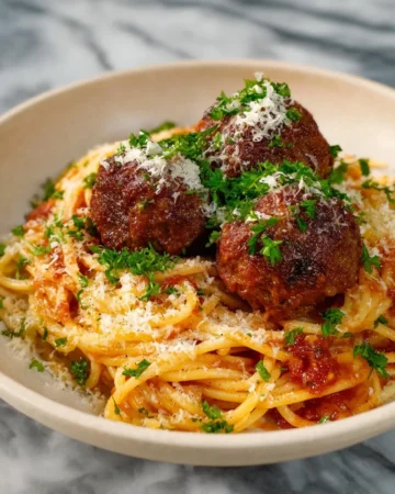 A plate of the best spaghetti and meatballs with marinara sauce and parmesan cheese