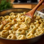A plate of creamy Tortellini Alfredo garnished with parsley and cheese.