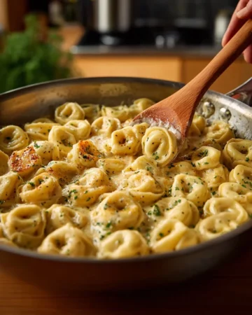 A plate of creamy Tortellini Alfredo garnished with parsley and cheese.