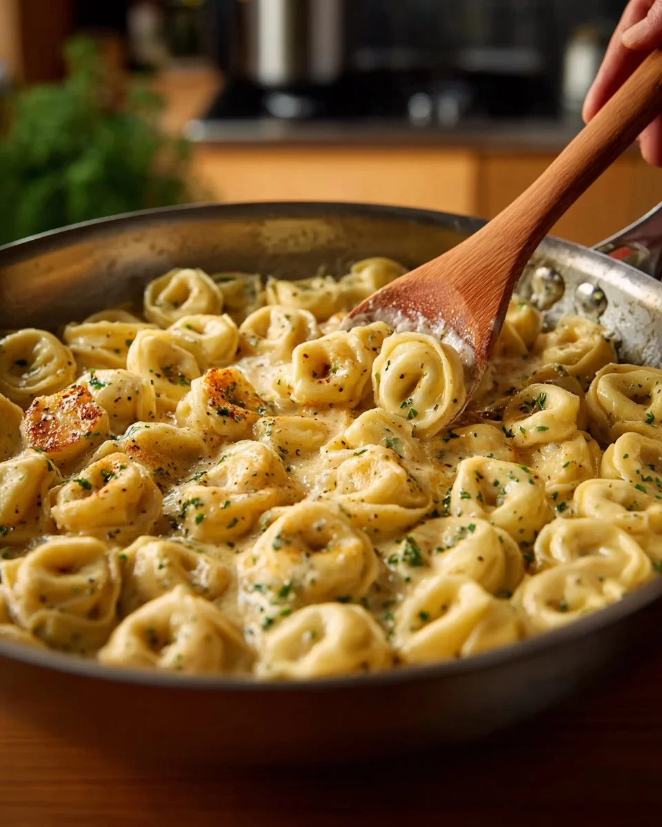 A plate of creamy Tortellini Alfredo garnished with parsley and cheese.