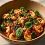 Tortellini and sausage casserole baked to perfection