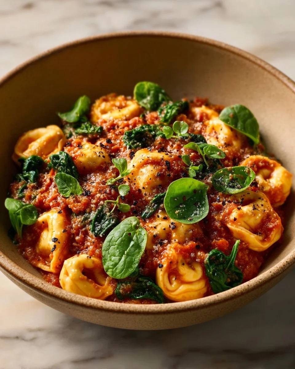 Tortellini and sausage casserole baked to perfection