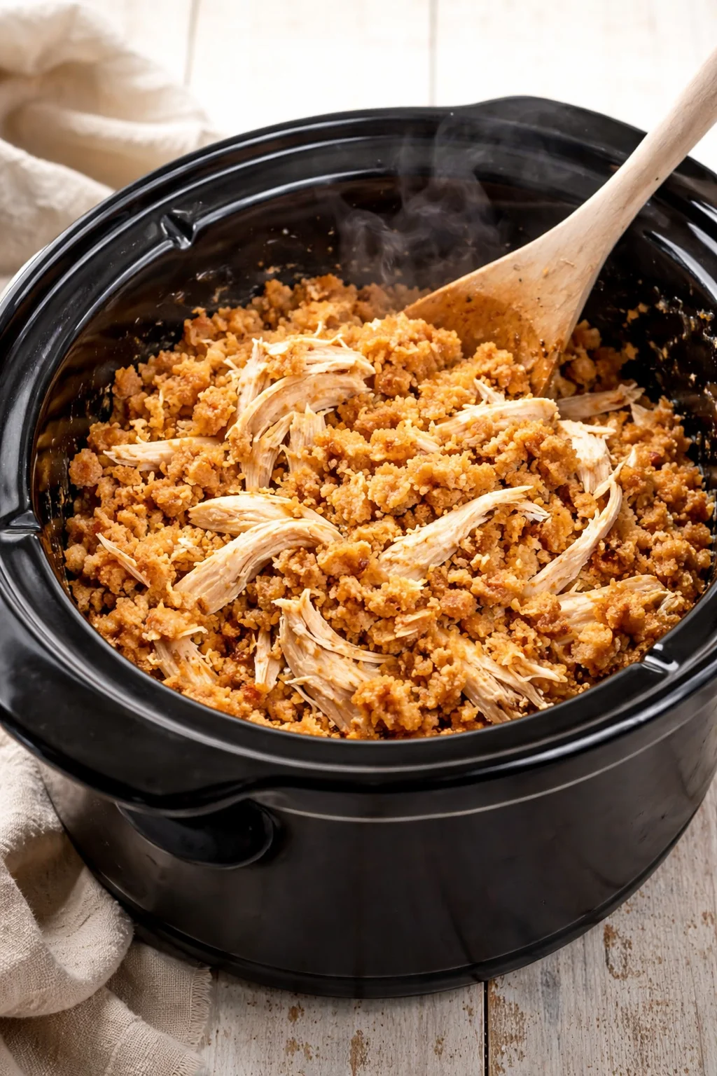 4 ingredient slow cooker chicken dish with stuffing served on a plate