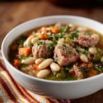 Bowl of delicious Amish Bean Soup with fresh herbs and vegetables