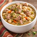Bowl of hearty Amish Bean Soup garnished with herbs.