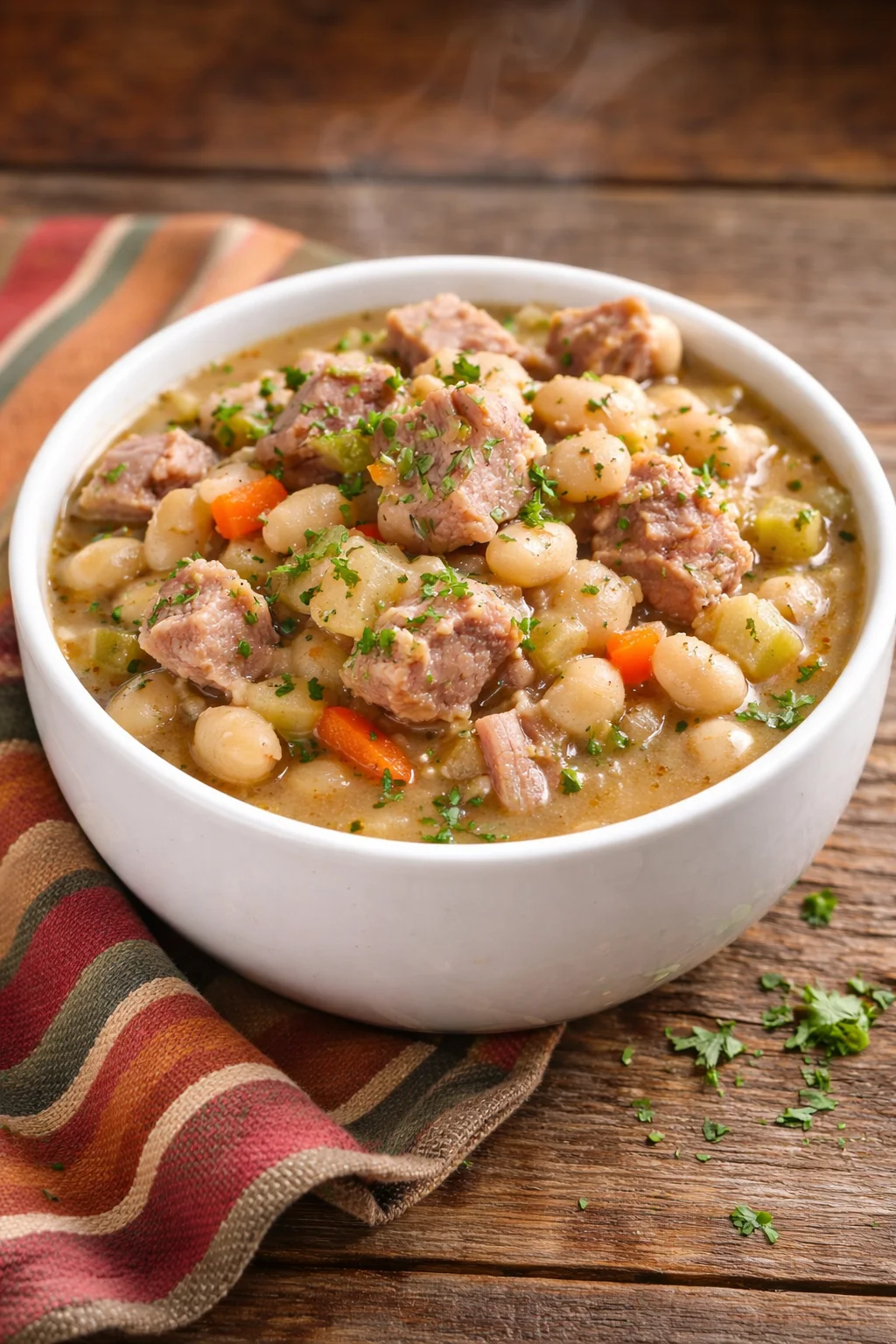 Bowl of hearty Amish Bean Soup garnished with herbs.
