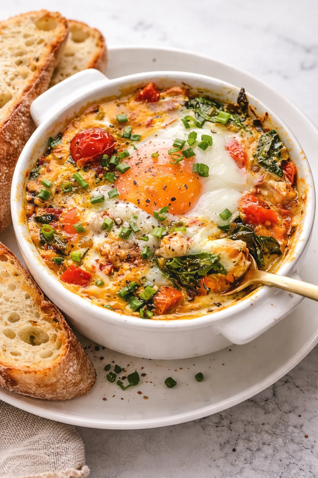Baked feta eggs with tomatoes and spinach in a rustic dish
