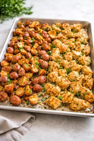 Baked garlic parmesan chicken served with roasted potatoes on a plate
