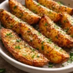 Baked garlic parmesan potato wedges with herbs and spices