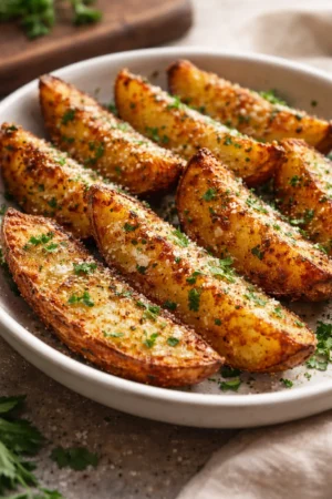 Baked garlic parmesan potato wedges with herbs and spices