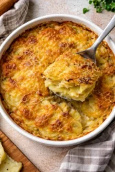 Delicious French Onion Potato Bake topped with cheese and onions in a baking dish.