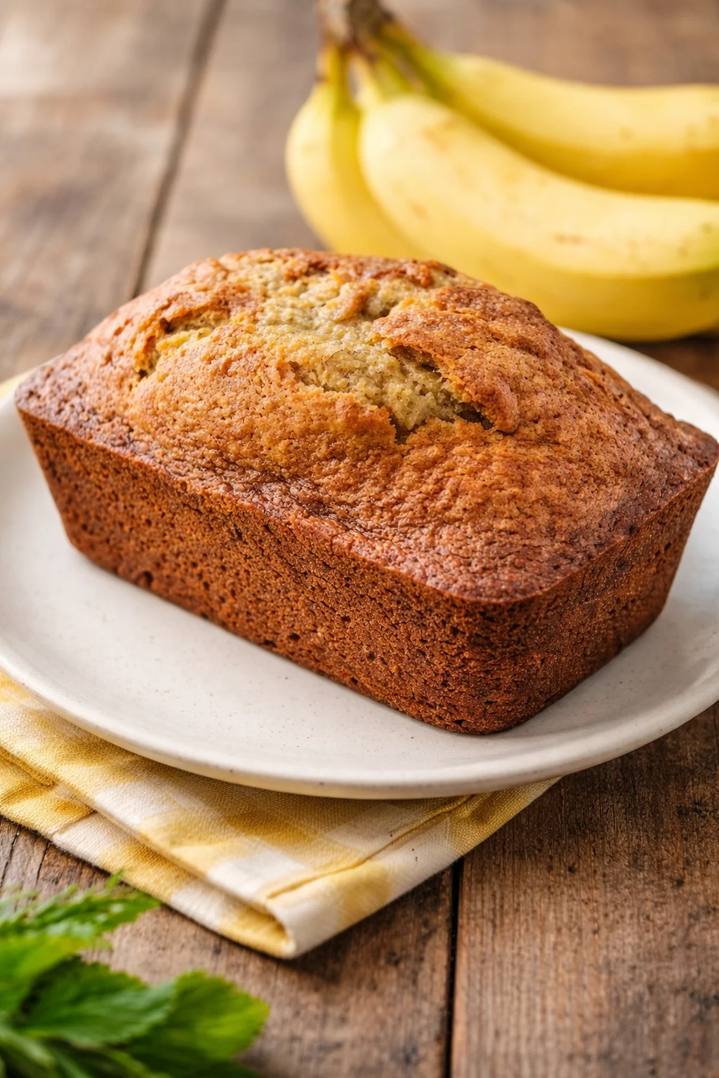 Loaf of freshly baked banana bread with sliced bananas on a wooden table
