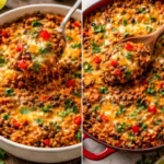 Delicious ground beef and rice casserole baked in a casserole dish