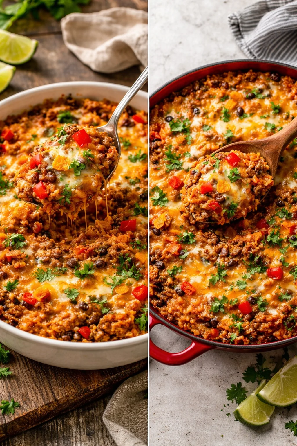 Delicious ground beef and rice casserole baked in a casserole dish