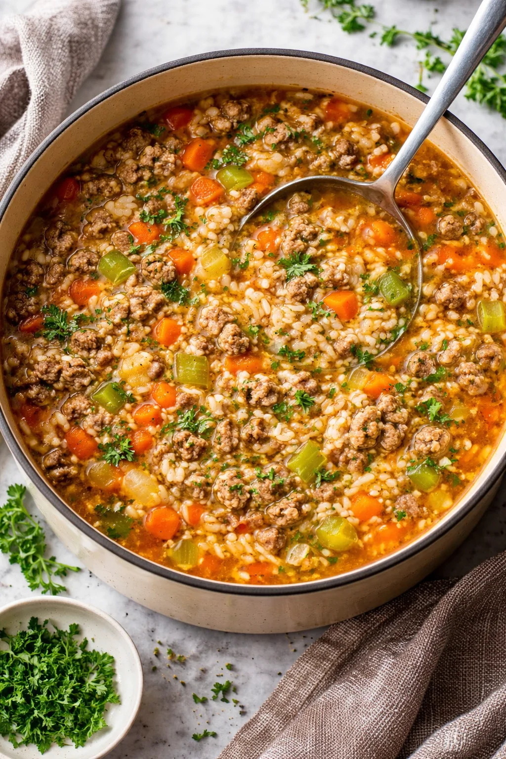 Delicious bowl of ground beef soup with rice, garnished with fresh herbs.