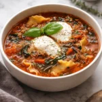 Bowl of low FODMAP lasagna soup garnished with fresh herbs.