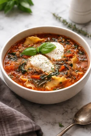 Bowl of low FODMAP lasagna soup garnished with fresh herbs.