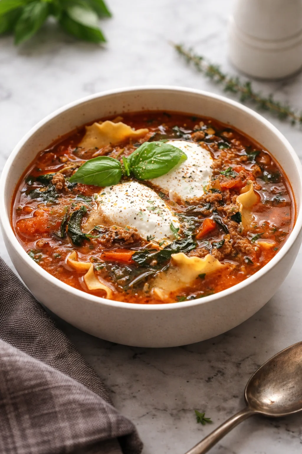 Bowl of low FODMAP lasagna soup garnished with fresh herbs.