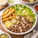 A delicious Burger Bowl filled with fresh ingredients and savory flavors