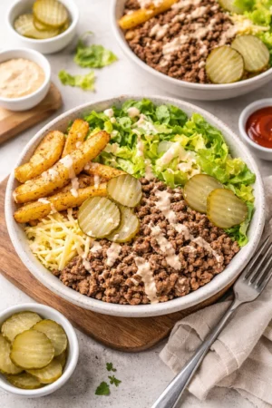 A delicious Burger Bowl filled with fresh ingredients and savory flavors