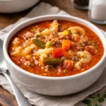 A bowl of Busy Day Soup, a quick and easy recipe for a hectic schedule.