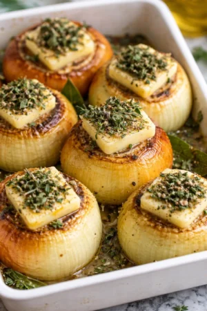 Plate of butter roasted onions garnished with herbs