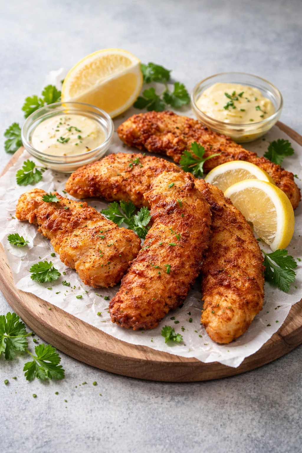 Crispy buttermilk chicken tenders served with dipping sauce