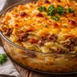 Delicious Cabbage Beef Bake served on a plate with herbs and spices