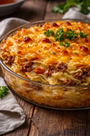 Delicious Cabbage Beef Bake served on a plate with herbs and spices