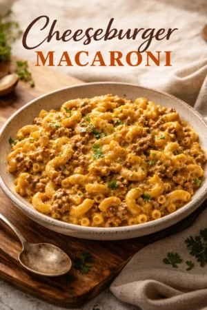 Creamy cheeseburger macaroni in a bowl with cheese and herbs