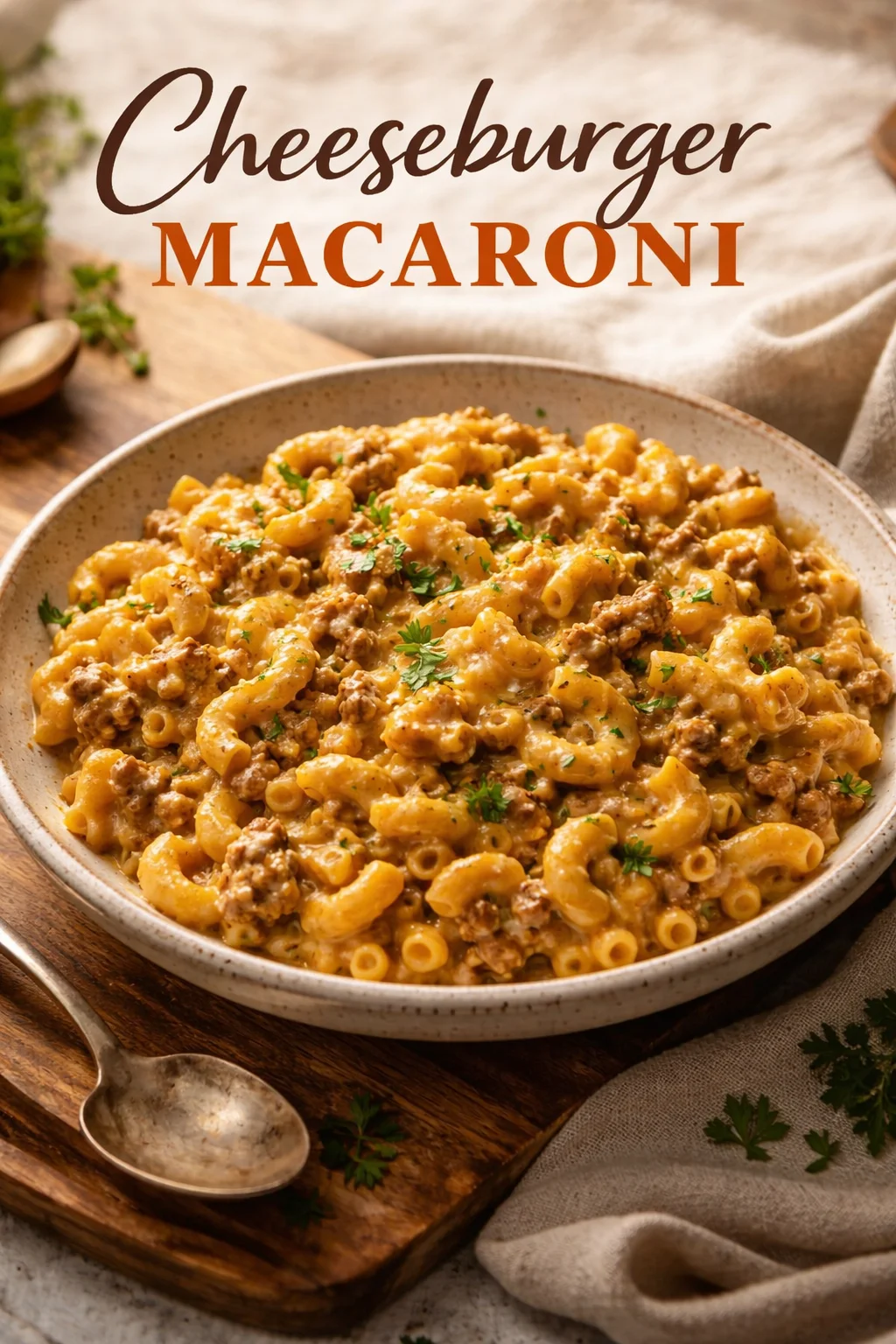Creamy cheeseburger macaroni in a bowl with cheese and herbs
