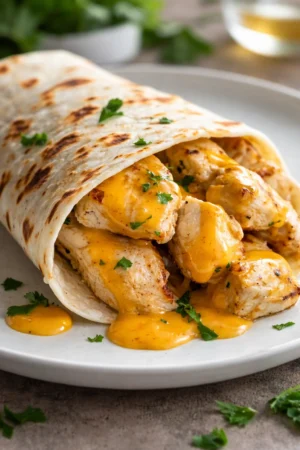 Delicious cheesy garlic chicken wraps served on a plate