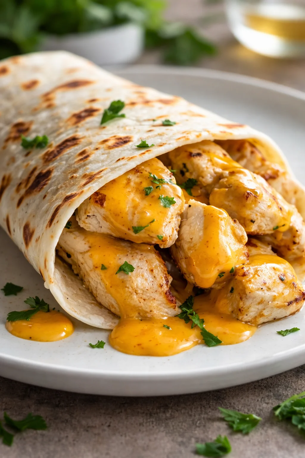 Delicious cheesy garlic chicken wraps served on a plate