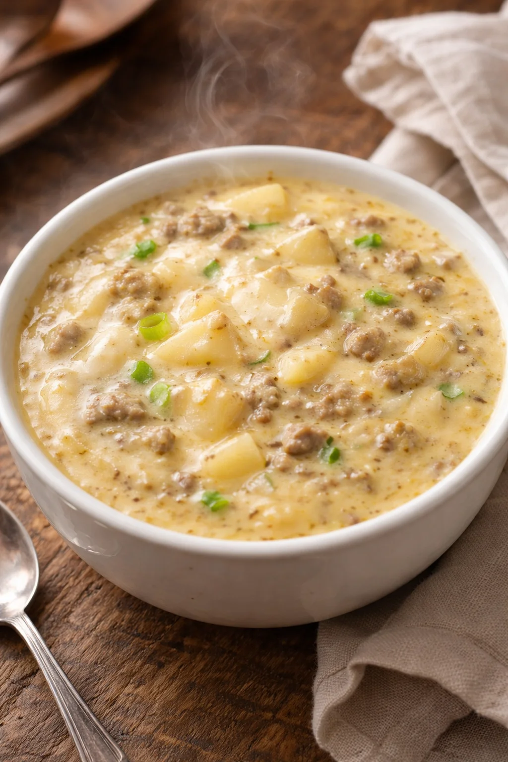 Bowl of cheesy hamburger potato soup topped with cheese and chopped herbs.