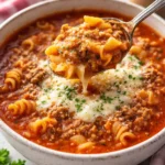 Cheesy Turkey Lasagna Soup in a bowl topped with melted cheese and herbs