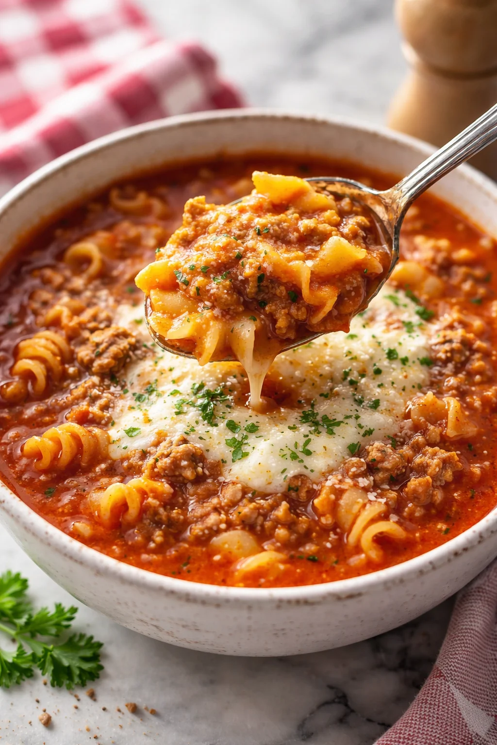Cheesy Turkey Lasagna Soup in a bowl topped with melted cheese and herbs
