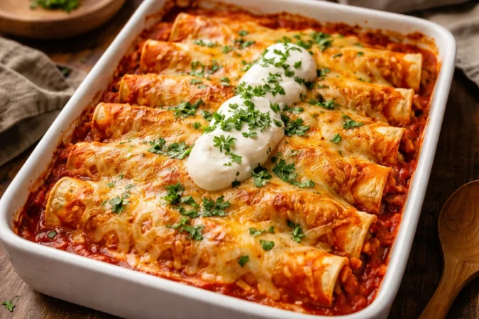 Savory chicken enchiladas topped with cheese and fresh ingredients