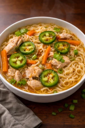 A bowl of delicious Chicken Ramen Soup topped with green onions and soft-boiled egg.