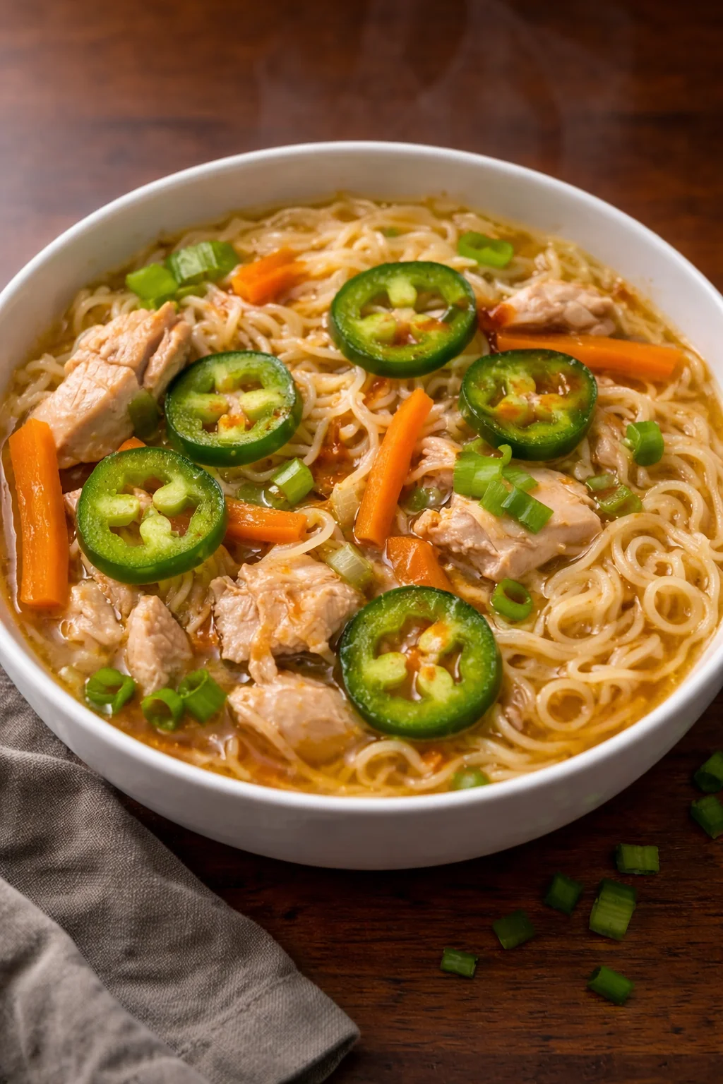 A bowl of delicious Chicken Ramen Soup topped with green onions and soft-boiled egg.