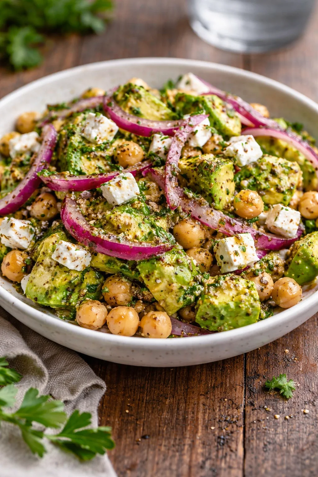 Chickpea Feta Avocado Salad with fresh ingredients and vibrant colors