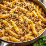 Classic cheesy ground beef pasta dish served in a bowl with melted cheese on top.