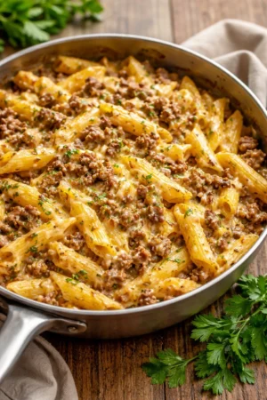 Classic cheesy ground beef pasta dish served in a bowl with melted cheese on top.