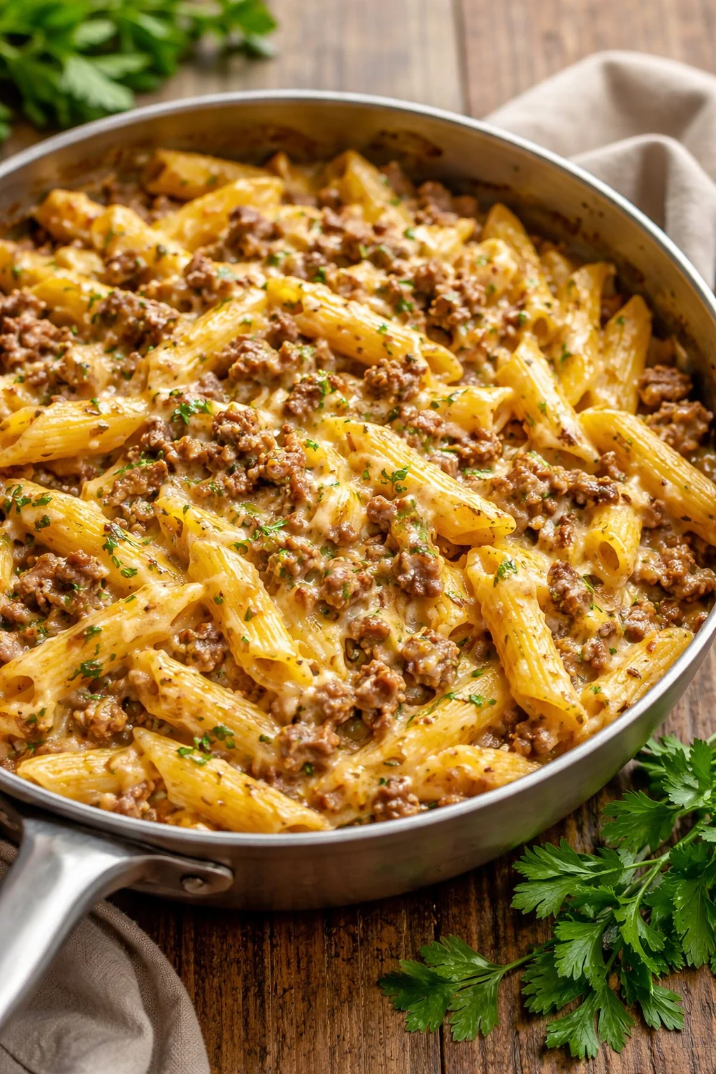 Classic cheesy ground beef pasta dish served in a bowl with melted cheese on top.