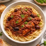 Delicious chicken cacciatore served with vegetables and herbs