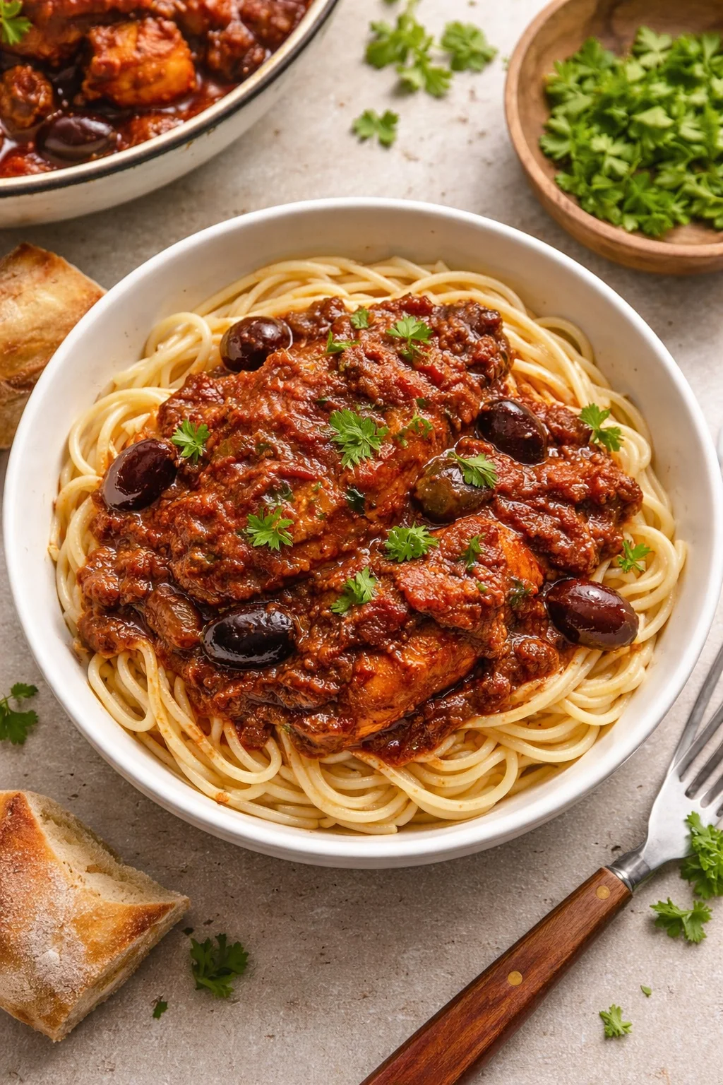Delicious chicken cacciatore served with vegetables and herbs