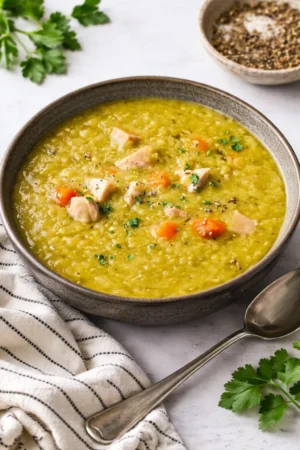 Bowl of classic split pea soup topped with fresh herbs and crusty bread.