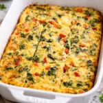 Cottage Cheese Egg Bake served in a dish with fresh herbs on top.