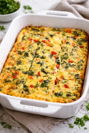 Cottage Cheese Egg Bake served in a dish with fresh herbs on top.